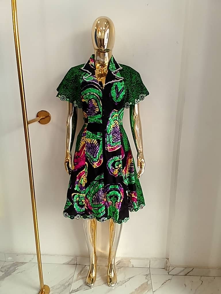 Adire high and low gown with cape and circle bead